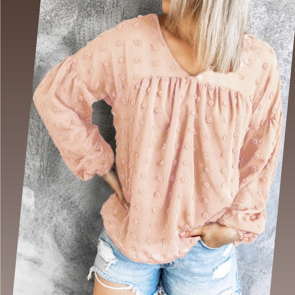 Apricot colored Swiss dot V-neck blouse